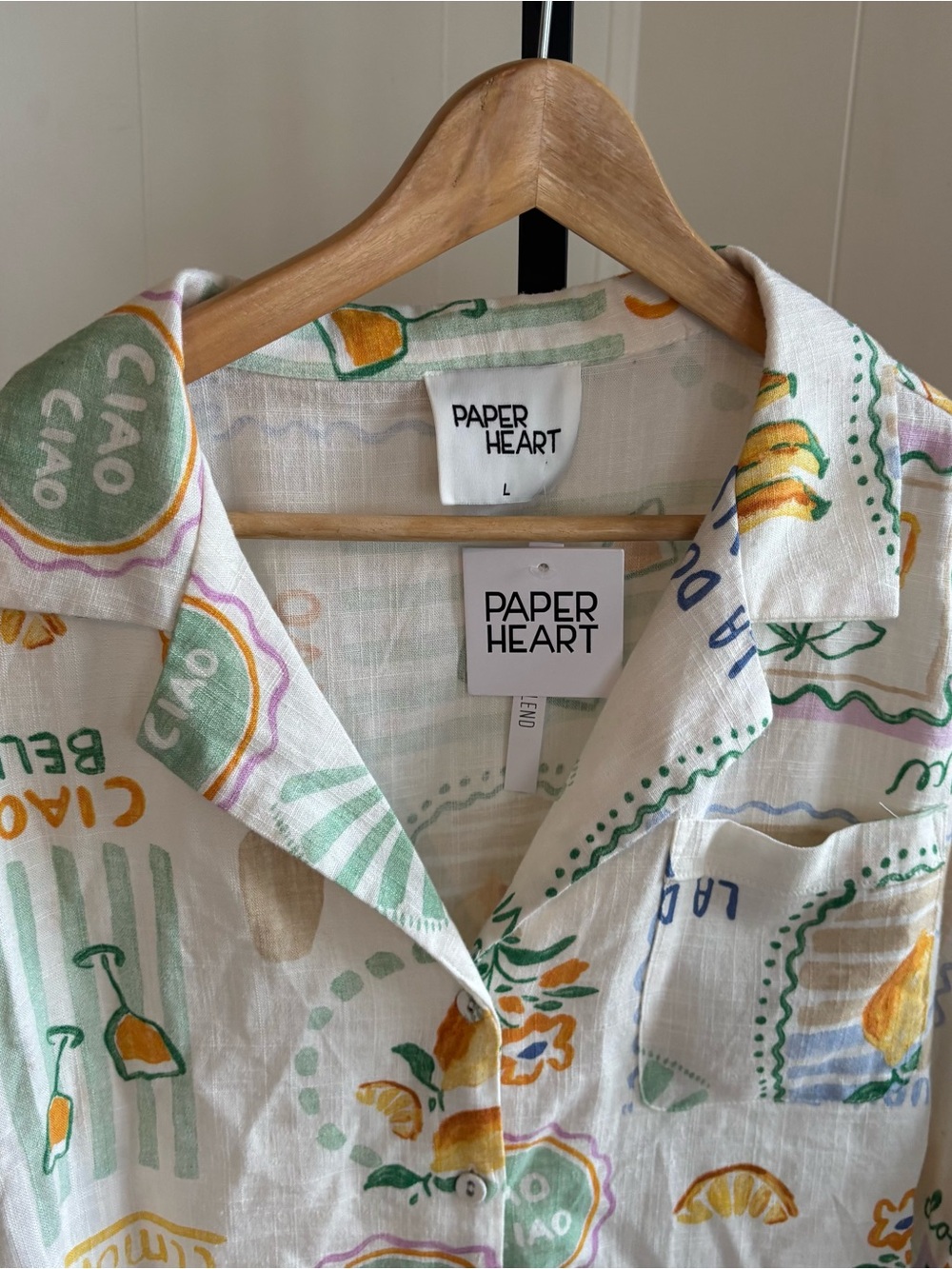 Paper Heart Lemone Linen Blend Button Up Shirt Italian Lemon Print Womens L NWT